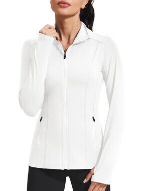 Women White Mild Weather Zipper Pockets Long Sleeve Full Zip Up Trench jacket